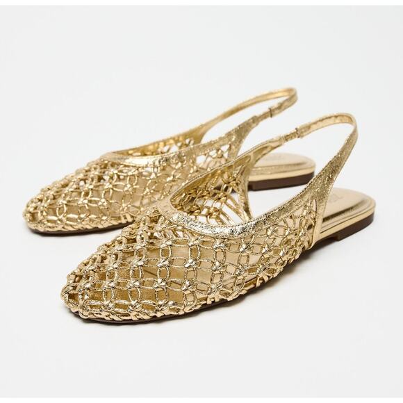 ZARA Metallic Ballet Flats NWT Gold Slingback Size 10 - Picture 12 of 15